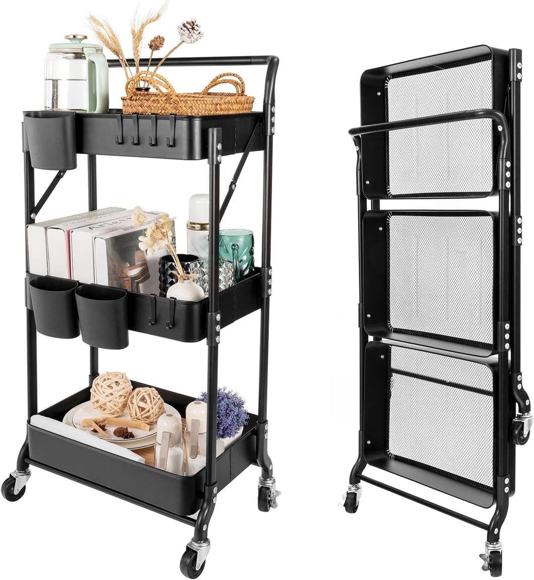 3 Tier Foldable Rolling Cart with Wheels